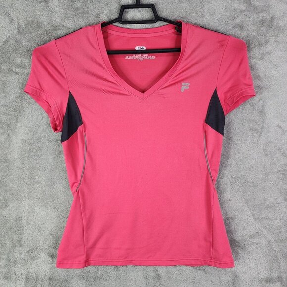 Women's Fila Sport Shirt V-Neck Performance Pink & Black Short Sleeve Size M - Picture 2 of 9